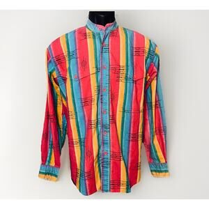 VTG Wrangler Button Down Shirt Mens SM 14.5 Band Collar Rainbow Stripe Colorful